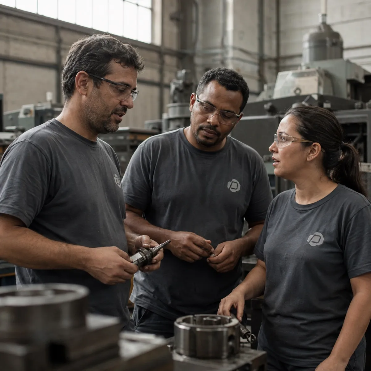 Três operários de uniforme cinza conversando sobre uma peça no chão de fábrica